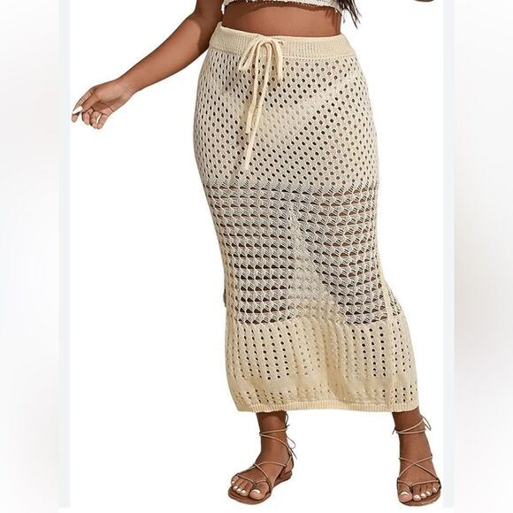 Drawstring Waist Knitted Swimsuit Cover Up Long Beach boho Skirt Sz-Small - Picture 1 of 9
